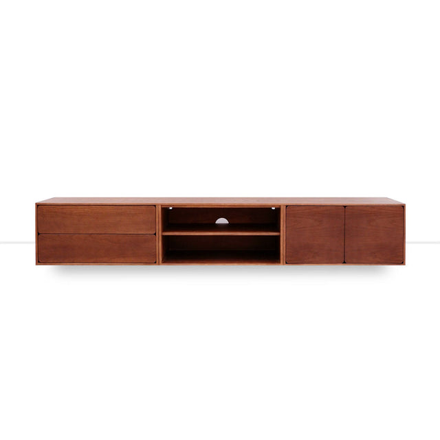 Vista frontal mueble de TV 240 cm Penxat Nogal Personalizado 2 Puertas 1 Balda 2 cajones apoyado suelo niveladores Slowdeco