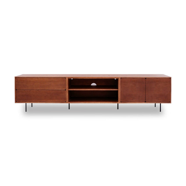 Vista frontal mueble de TV 240 cm Penxat Nogal Personalizado 2 Puertas 1 Balda 2 cajones sobre patas metálicas Slowdeco