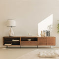 Vista frontal mueble de TV 240 cm Penxat Nogal Personalizado 2 Puertas 2 Baldas 1 cajón sobre patas metálicas comedor salón Slowdeco