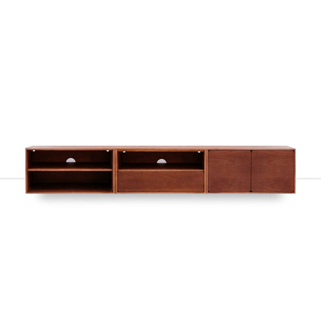 Vista frontal mueble de TV 240 cm Penxat Nogal Personalizado 2 Puertas 2 Baldas 1 cajón apoyado suelo niveladores Slowdeco
