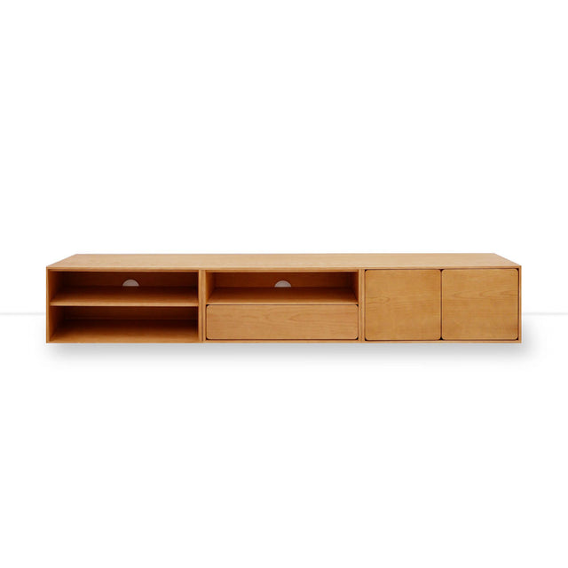 Vista frontal mueble de TV 240 cm Penxat Roble Natural Personalizado 2 Puertas 2 Baldas 1 cajón apoyado suelo niveladores Slowdeco