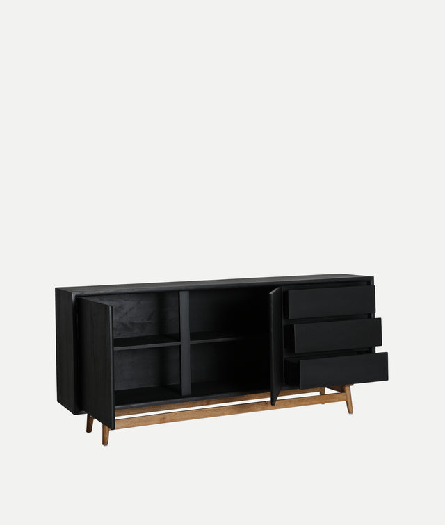 Vista lateral Aparador Thiers 180 cm en madera de mindi color negro y patas de madera contrachapada puertas y cajones abiertos  Kodu Homedesign Slowdeco