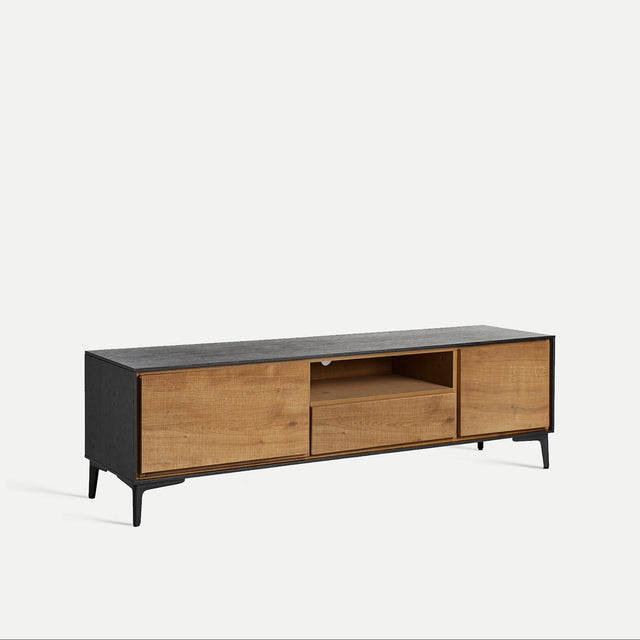 Vista lateral Mueble TV Brussa 146 cm Marrón y patas metálicas negras Kodu Homedesign Slowdeco