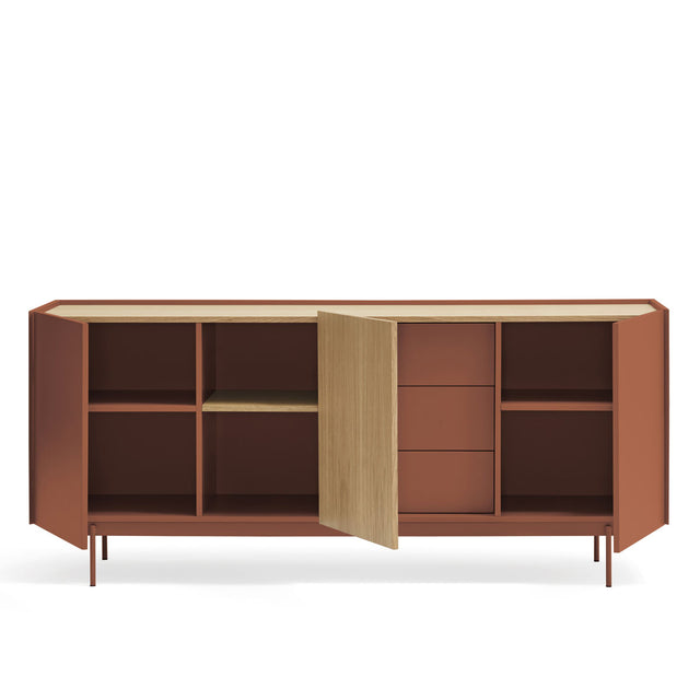 Vista lateral aparador Otto 180 cm roble Teja puertas abiertos Slowdeco
