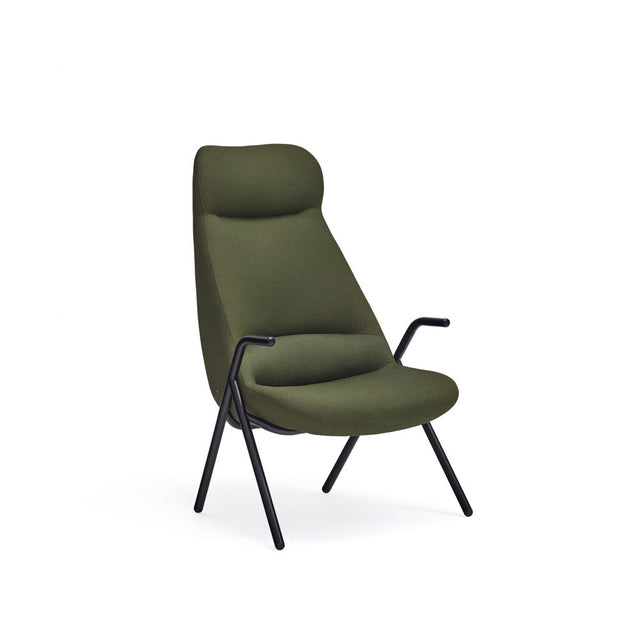 Vista lateral butaca Dins Alta Tapizado Verde Oscuro Estructura metálica negra Teulat Slowdeco