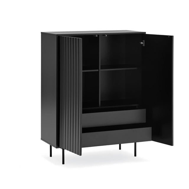 Vista lateral detalle Mueble Auxiliar Sierra 97 cm Negro Puertas y cajones abiertas Teulat Slowdeco