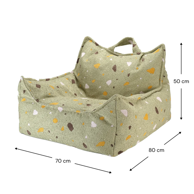Silla Set Puf Infantil Silla + Cuadrado de Bouclé & Chenilla Terrazo Verde con acabado verde en ambiente de estilo nórdico
