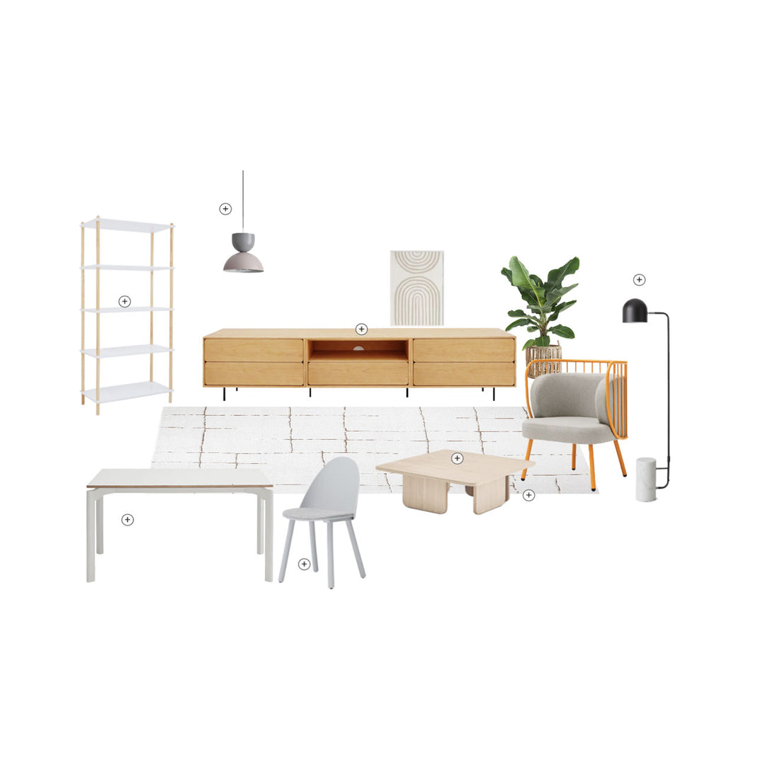 Moodboard de materiales, colores y mobiliario
