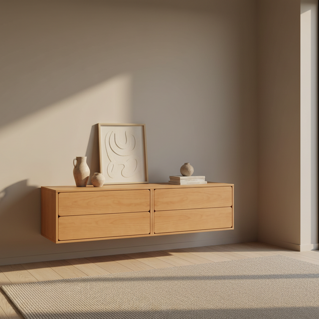 Mueble TV Flotante Penxat 160 4 cajones con roble natural en ambiente de estilo nórdico