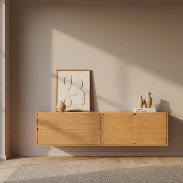 Mueble TV Flotante Penxat 160 con roble natural en ambiente de estilo nórdico
