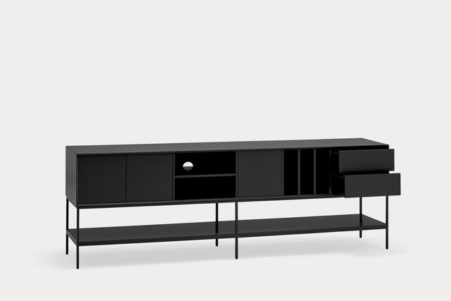 Mueble TV Platt 220 Negro con acabado negro, acabado gris en ambiente de estilo nórdico