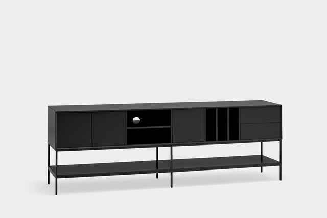 Mueble TV Platt 220 Negro con acabado negro, acabado gris en ambiente de estilo nórdico