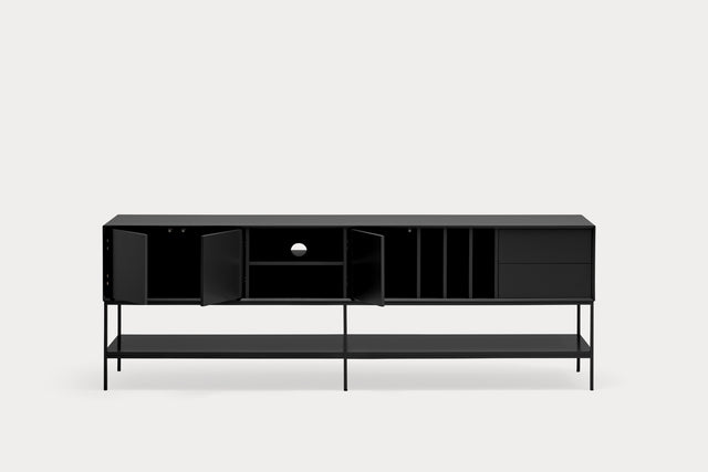 Mueble TV Platt 220 Negro con acabado negro, acabado gris en ambiente de estilo nórdico