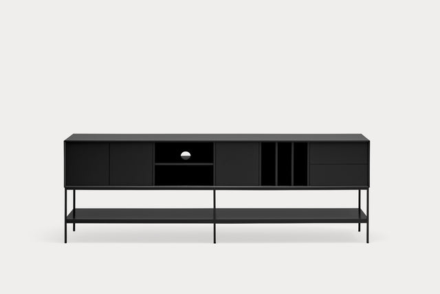 Mueble TV Platt 220 Negro con acabado negro, acabado gris vista frontal de estilo nórdico