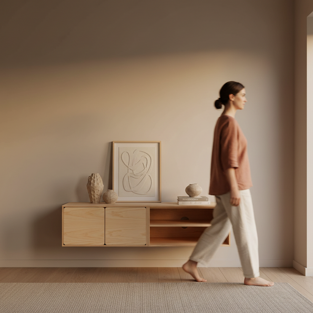 Mueble TV Flotante Penxat 160 Natural - 2 Puertas 1 Balda con madera natural vista principal de estilo nórdico