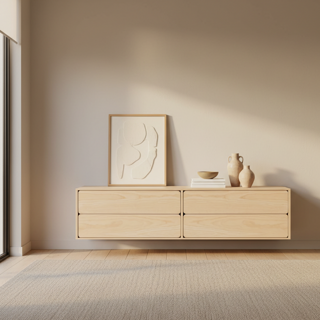 Mueble TV Flotante Penxat 160 4 cajones con madera natural en ambiente de estilo nórdico