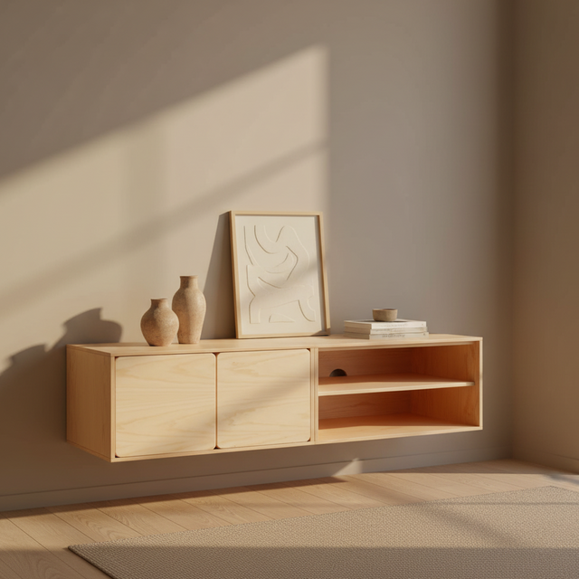 Mueble TV Flotante Penxat 160 Natural - 2 Puertas 1 Balda con madera natural en ambiente de estilo nórdico