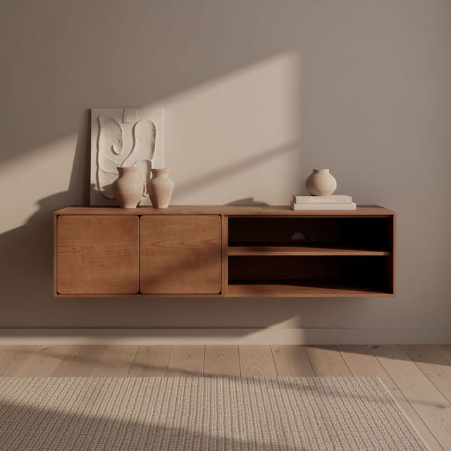 Mueble TV Flotante Penxat 160 Natural - 2 Puertas 1 Balda con nogal, madera natural en ambiente de estilo nórdico