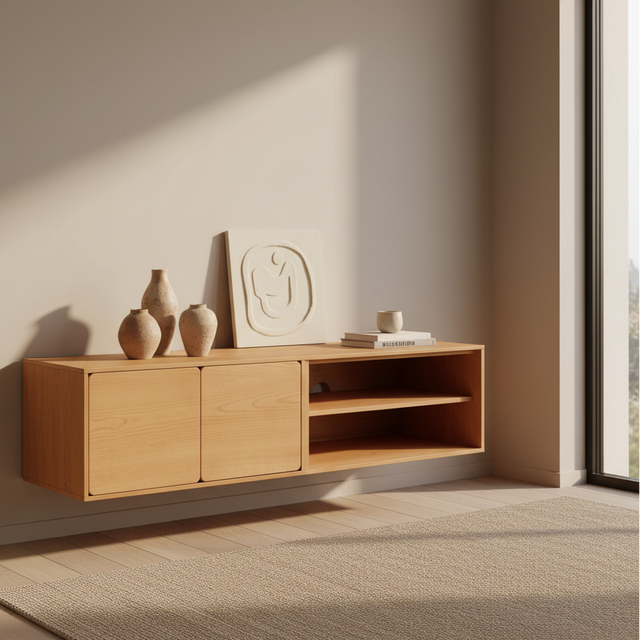Mueble TV Flotante Penxat 160 Natural - 2 Puertas 1 Balda con roble natural, madera natural en ambiente de estilo nórdico
