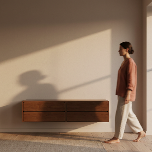 Mueble TV Flotante Penxat 160 4 cajones con nogal en ambiente de estilo nórdico