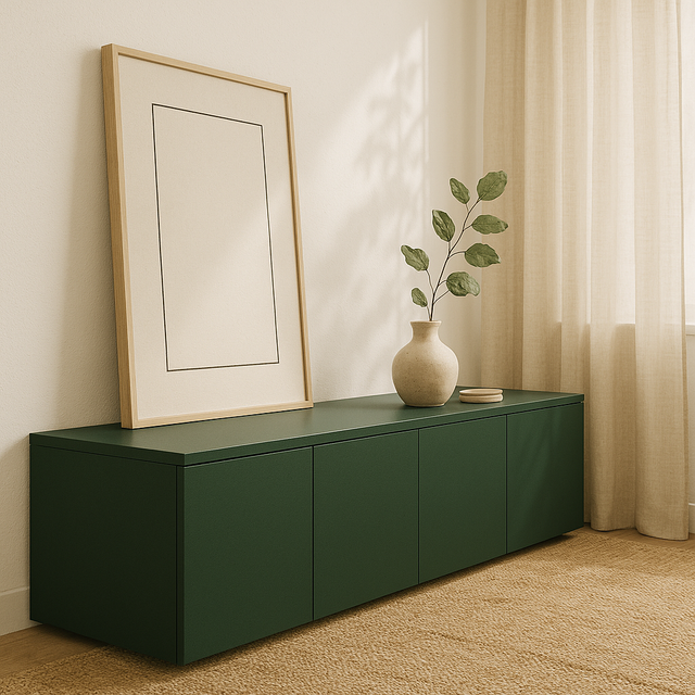 Mueble TV Nolla 200 Verde Musgo con acabado verde en ambiente para salón de estilo nórdico